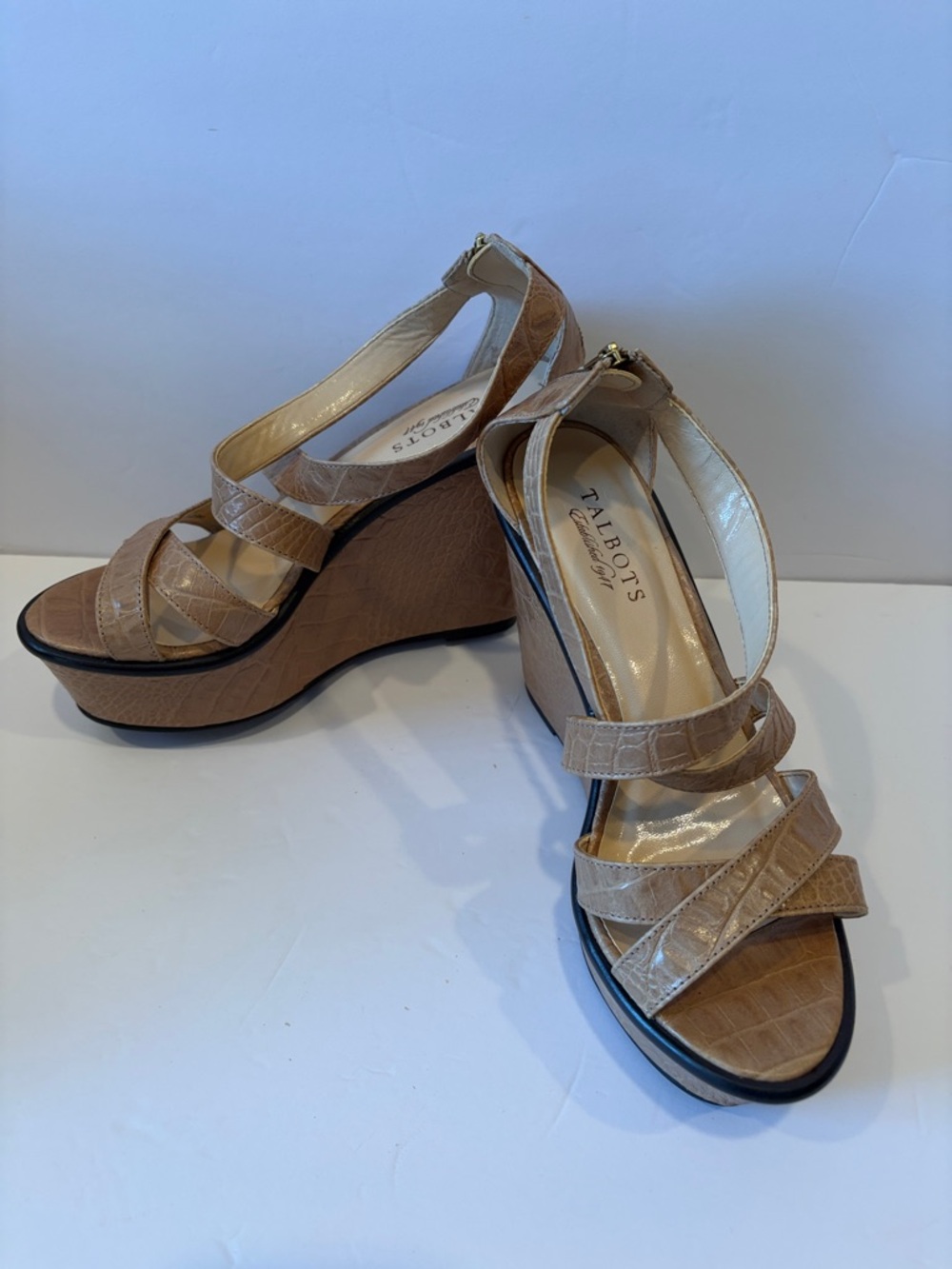 Talbots Beige Croc-Embossed Wedge Sandals